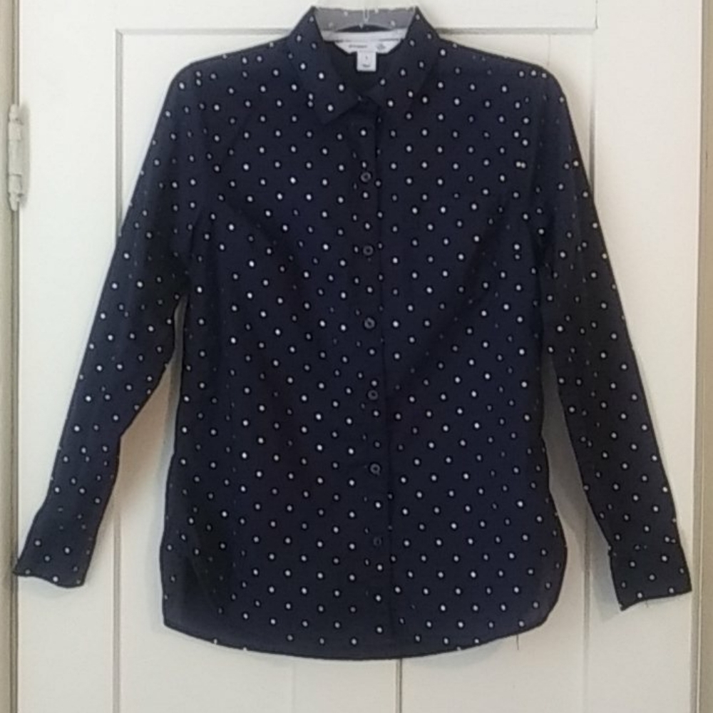Old Navy Dark Blue Gold Poka Dot Long Sleeve Shirt